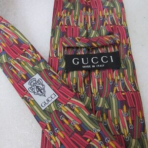 Gucci Burgundy Green Belt Print Handmade Italy Silk Neck Tie